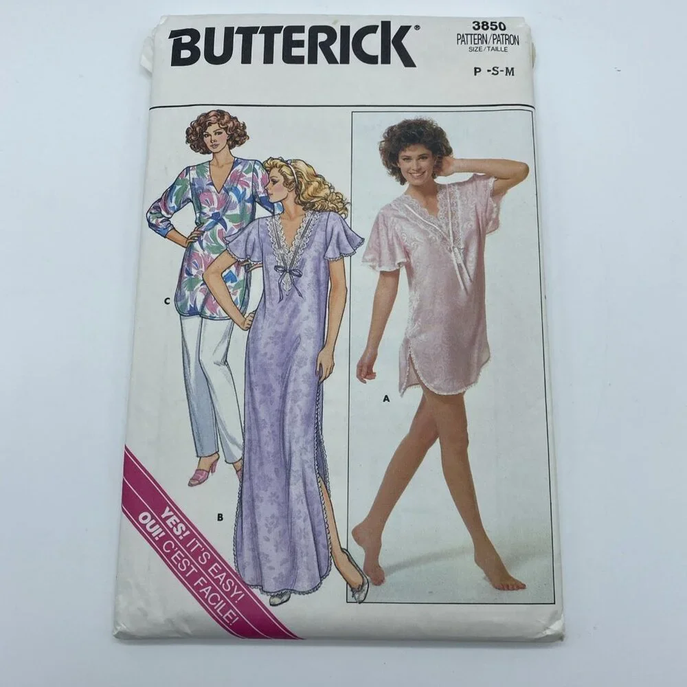 Butterick 3850 Misses Nightshirt & Pants P S M Sleepwear Sewing Pattern Uncut